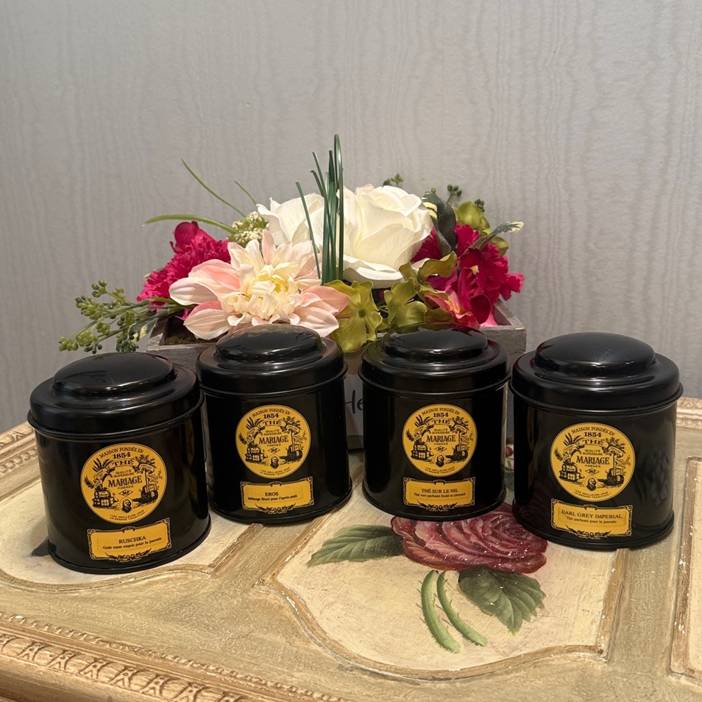 Mariage Frerers Set of Four Empty Tea Canisters Parisian Chic French Regency